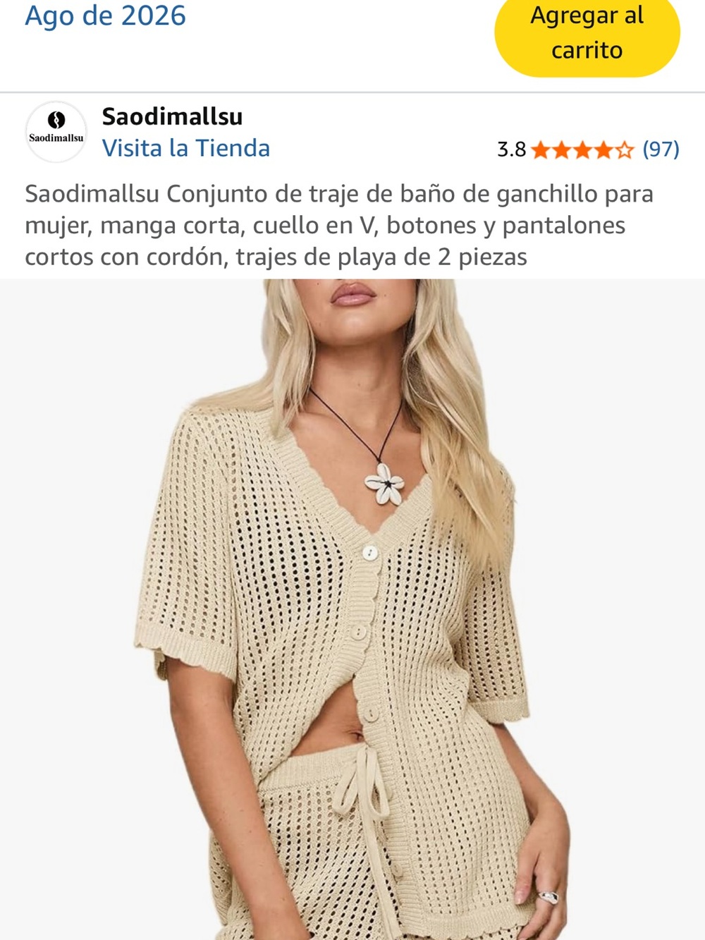 Women's Cream Crochet Button-Front Short Sleeve Sweater